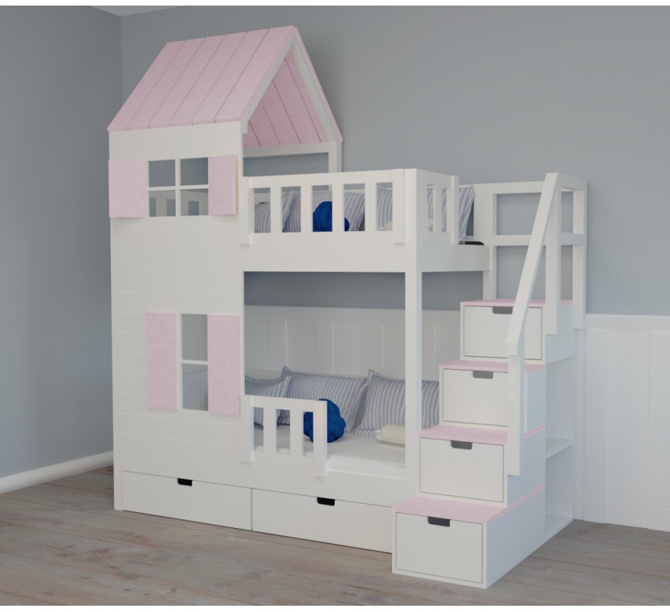 Łóżko piętrowe domek dla dzieci - 80x160 cm, biało-różowe