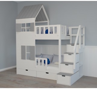 Łóżko piętrowe domek dla dzieci - 80x160 cm, biało-różowe