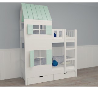 Łóżko piętrowe domek dla dzieci - 80x160 cm, biało-naturalny