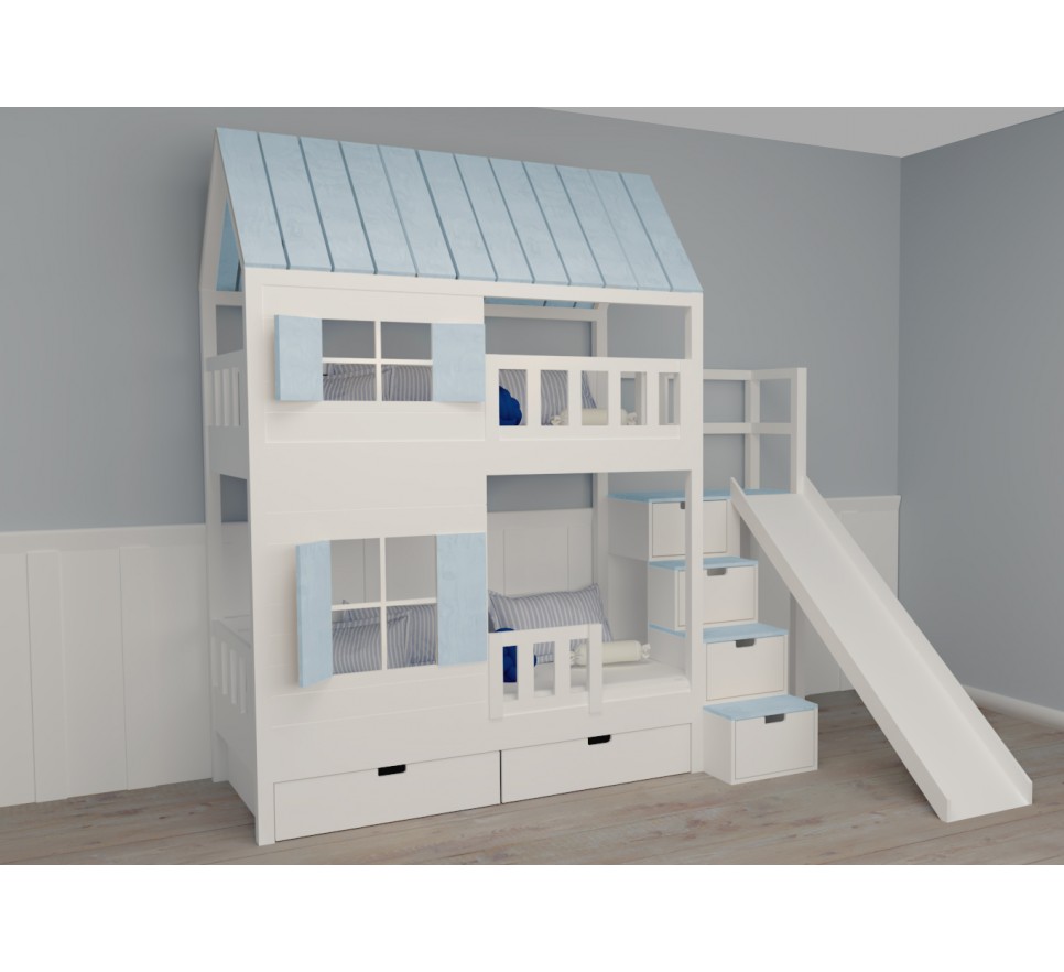 Łóżko piętrowe domek dla dzieci - 80x160 cm, biało-naturalny