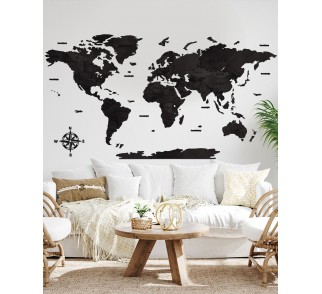 Czarna Mapa Świata na ścianę 3D Sikorka® kolor Hebanu
