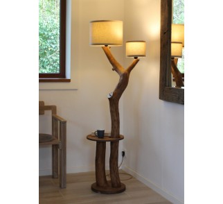 Lampa z naturalnej gałęzi dębowej -83- stolik kawowy, lampa do czytania. Boho. Przewód elektryczny całkowicie schowany w drewnie