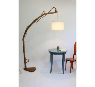 Lampa podłogowa ze starej gałęzi dębowej -75- lampa nad stół, lampa łukowa, klosz z regulacją wysokości, klosz czarno-złoty