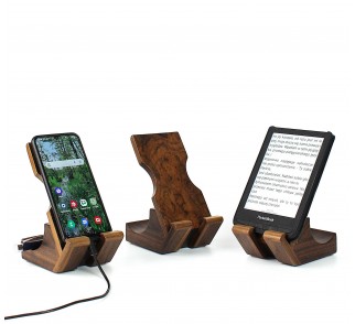 Ekskluzywny stojak na telefon, tablet, smartfon lub na czytnik e-booków. Orzech amerykański. Fornir burl. Wykonane ręcznie.