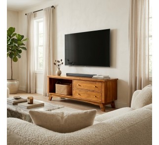 Szafka RTV drewniana BONN 140 cm akacja kolor AMBER